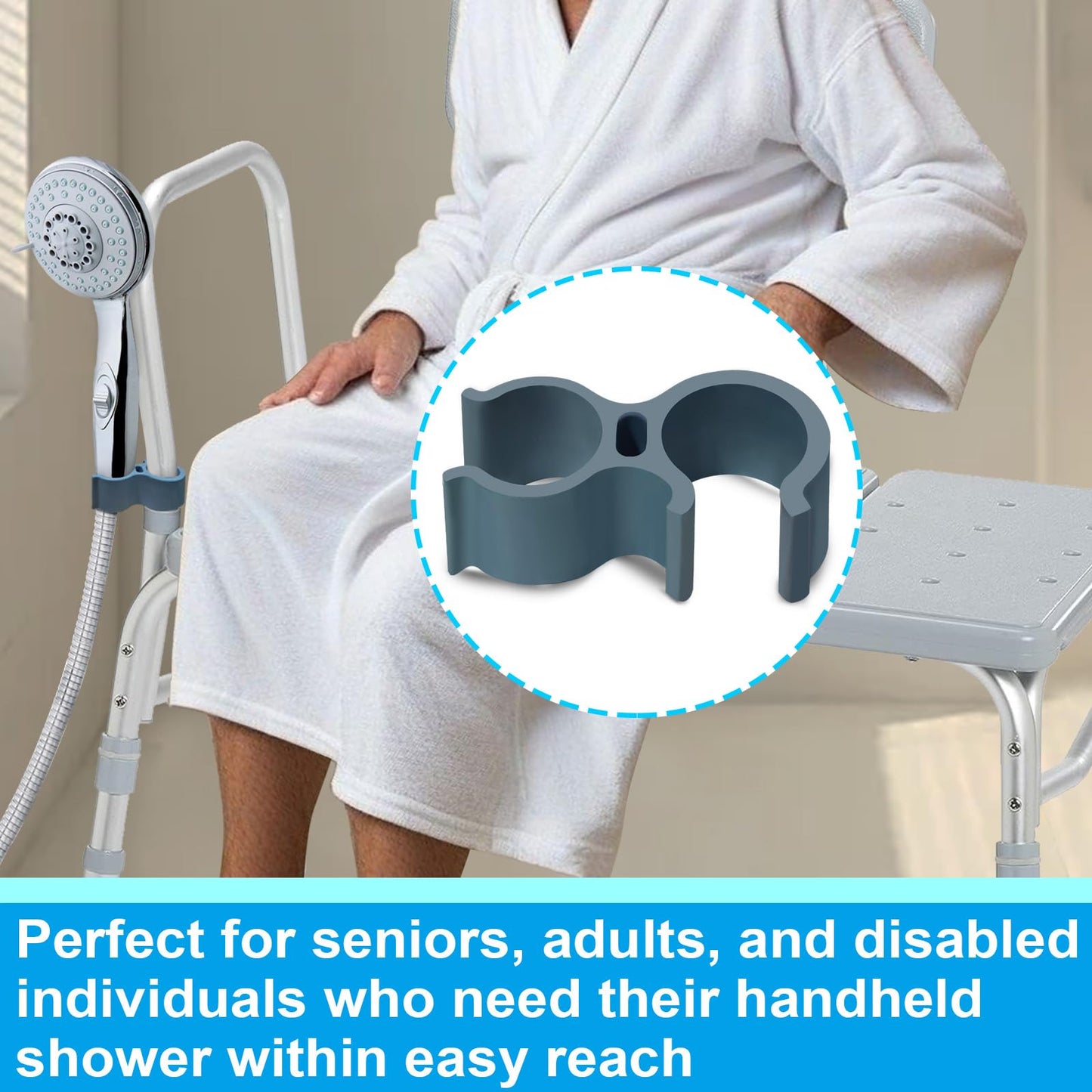 Aliseniors Shower Head Holder Attachment for Bath Seat, Transfer Bench, Bath Stool, Shower Commode, Universal Fit, Blue