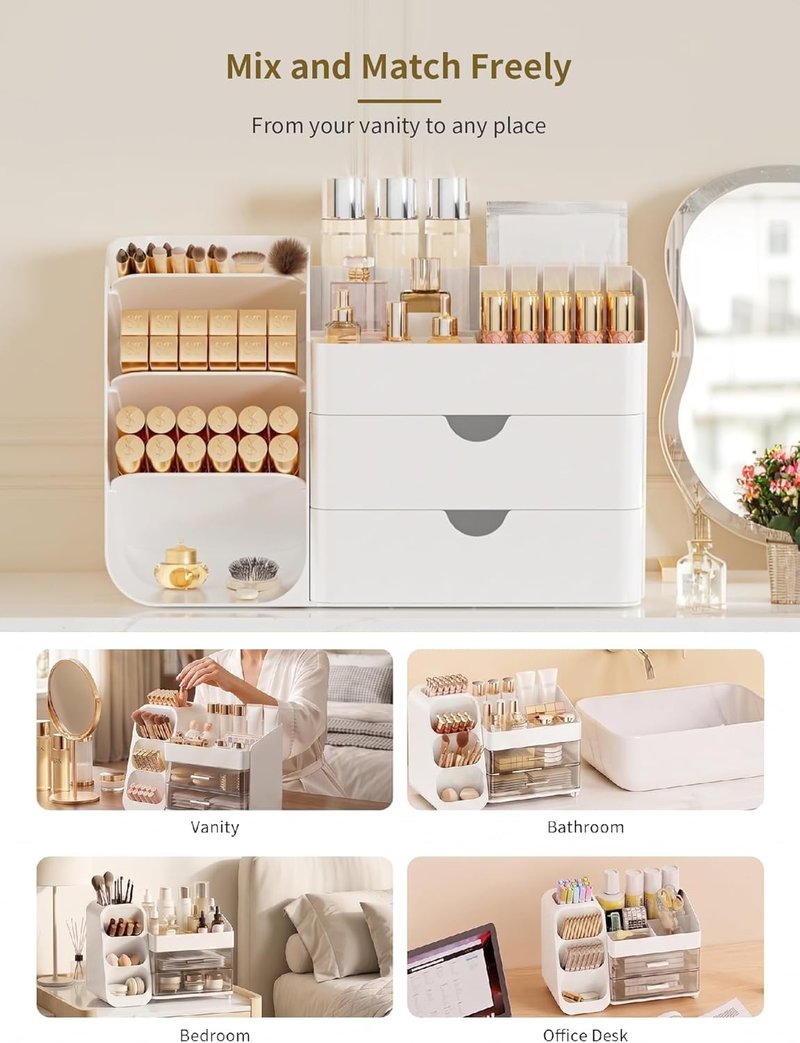 Makeup Organizer - Vanity Cosmetic Display Case with Drawers | White Bathroom Storage Caddy for Skincare & Beauty Tools