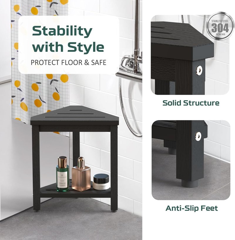 Regine Switzerland Shower Stool - 14in Waterproof Corner Bench with Storage Shelf | Ideal for Shaving Legs