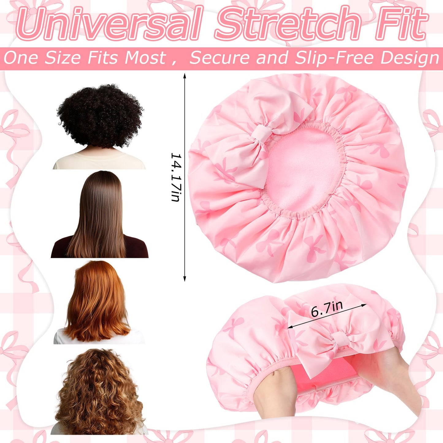 Janmercy Pink Bow Shower Cap for Women Terry Lined Shower Cap Reusable Waterproof Double Layer Bath Bonnet Adjustable Non Slip Quick Dry for Braids Long Straight Curly Hair Women Gifts