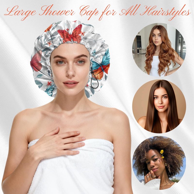 BHAHB Shower Cap Reusable Double Layer Adjustable Elastic Waterproof EVA Hair Bath Caps for Women Girls Cute Aesthetic-Butterfly