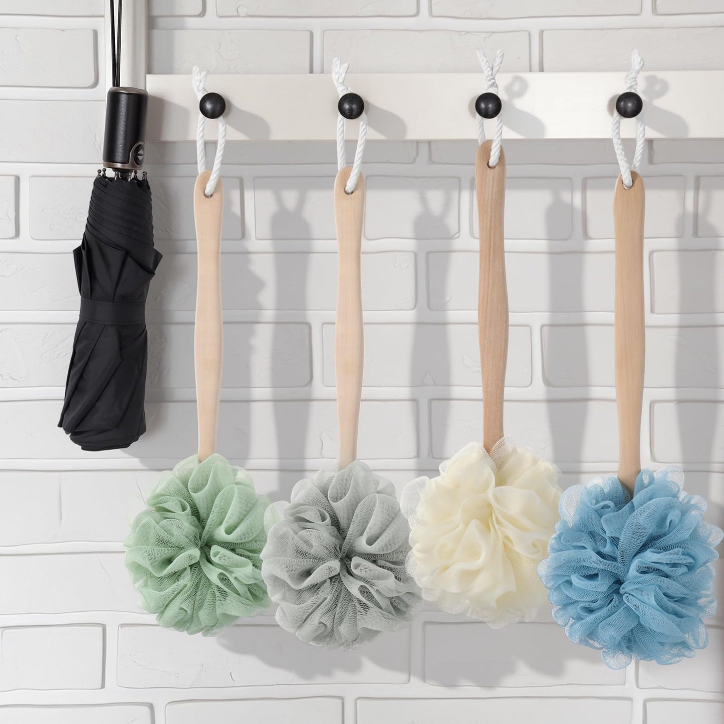 12 Pcs Loofah Back Scrubber with Long Handle, Shower Brush with Soft PE Mesh, 4 Colors Body Bath Sponge for Men and Women Spa