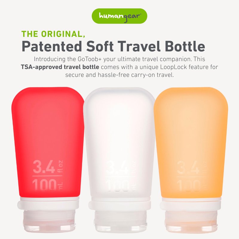 humangear GoToob+ Bottles - Silicone Leak-Proof Travel Tubes for Toiletries, Camping & TSA Carry-On (3-Pack), Large (3.4 fl oz; 100ml), Clear/Red/Orange