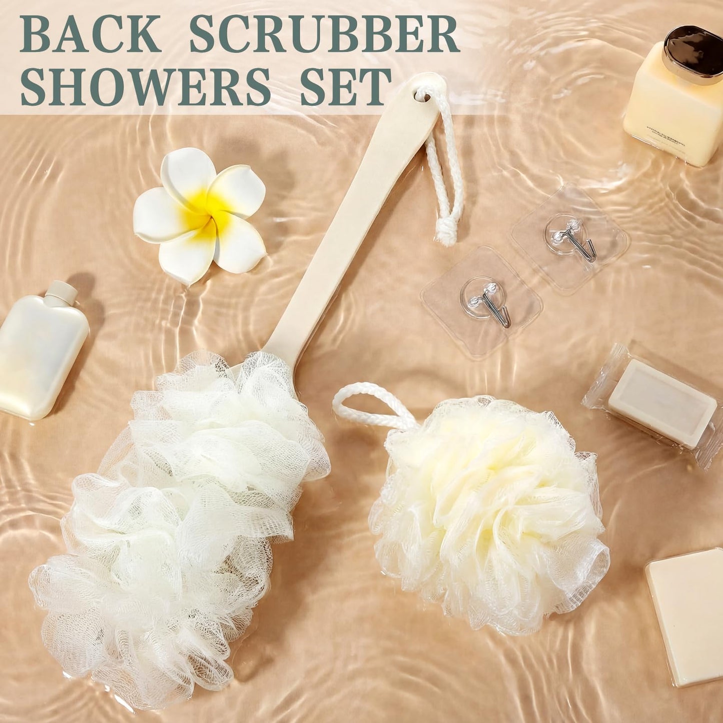 Suttmin 4 Pcs Back Scrubber Showers Set Bath Sponge Loofah Back Scrubber for Men Women Bathing Accessories Includes 1 Long Handled Shower Sponge 1 Bath Shower Luffa Pouf 2 Hooks to Hang Stuff