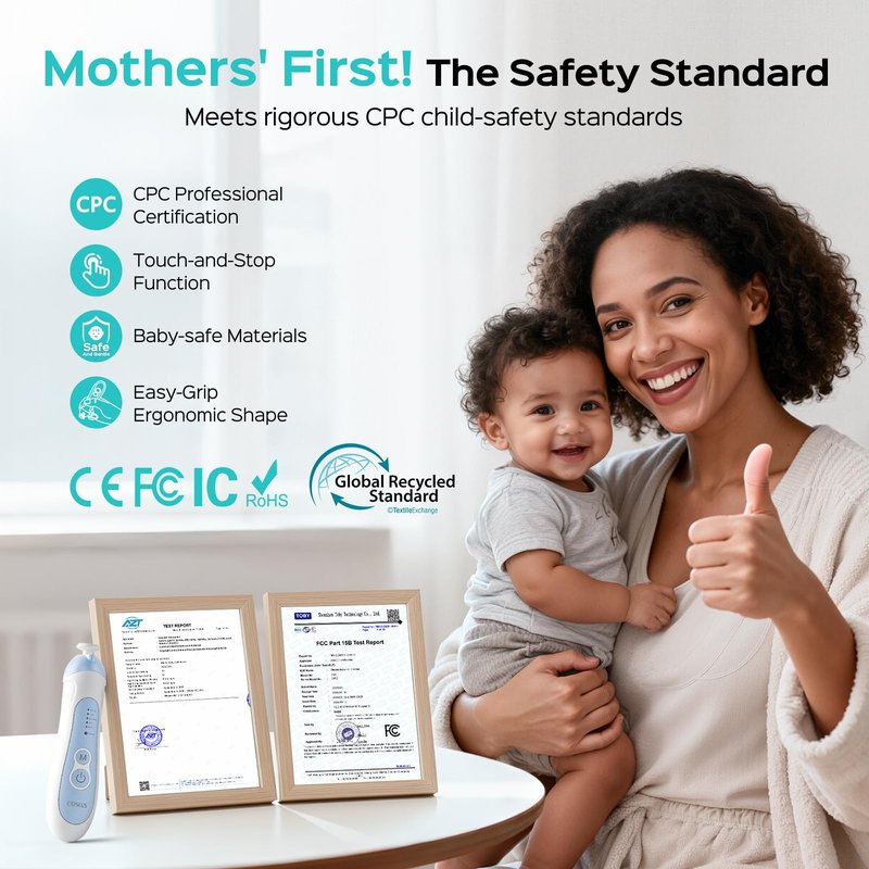 COSLUS C52 Rechargeable Baby Nail File: Cordless Baby Nail Trimmer Electric, Baby Nail Clipper with 5 Speeds & 6 Grinding Heads for Baby Kid, CPC Certified & Quiet Design - Safe for Sleep Trim, Blue