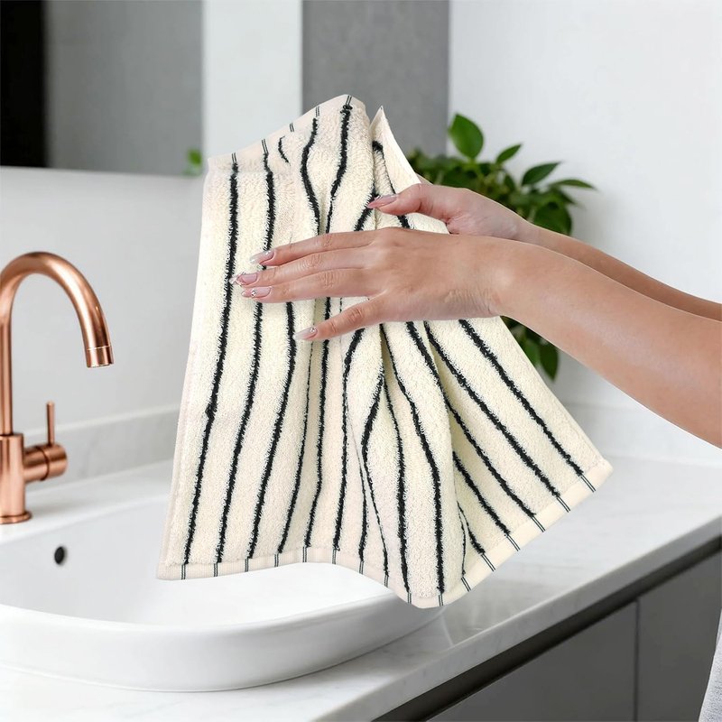 Jacquotha Striped Cotton Washcloths 4 Pack, 13” x 13” - Soft Wash Cloths for Bathroom, Kitchen, Gym, Face, Black and Cream