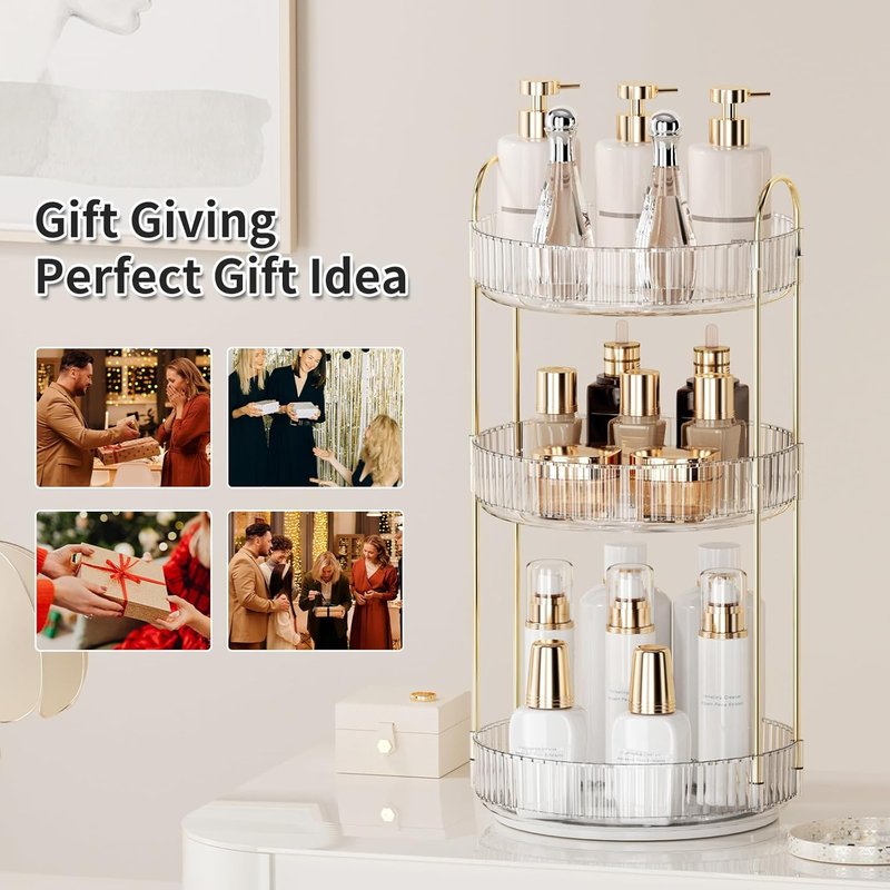 Skiennix 360° Rotating Makeup Organizer - 3-Tier Perfume & Skincare Storage - Space-Saving Clear Design