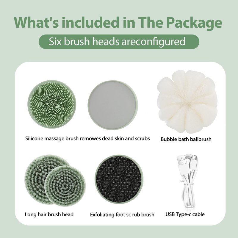 Electric Body Brush Back Scrubber for Shower, Waterproof Long Handle Power Body Scrubber with 6 Heads, Rechargeable Bath Brush & 3 Speeds, for Cleansing, Exfoliating and Massaging Skin (Green)