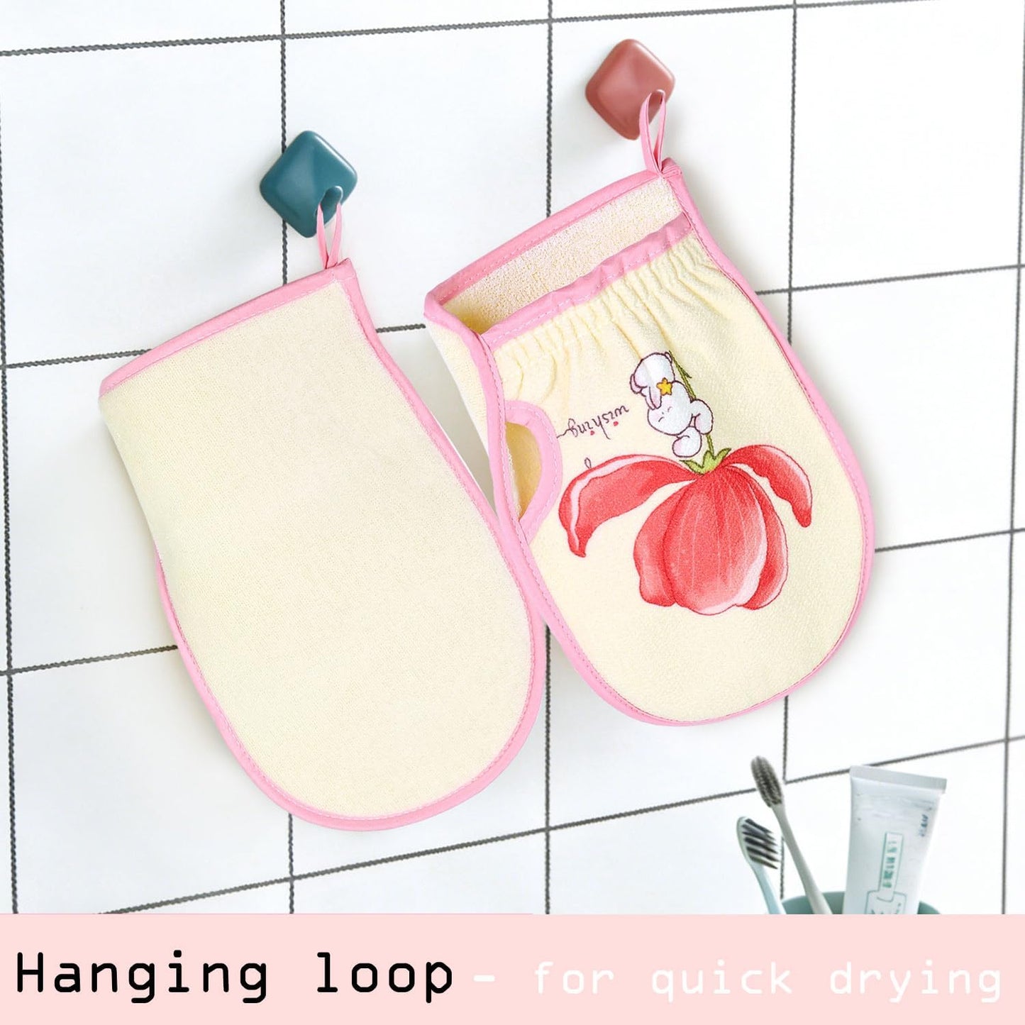 Cleanbear Exfoliating Washcloth Mitt 2 Pack – Dual Texture Bath Mitt for Shower, Fits on Hand Like a Glove, Soft Terry & Gentle Exfoliating Face and Body Scrubber, Pink