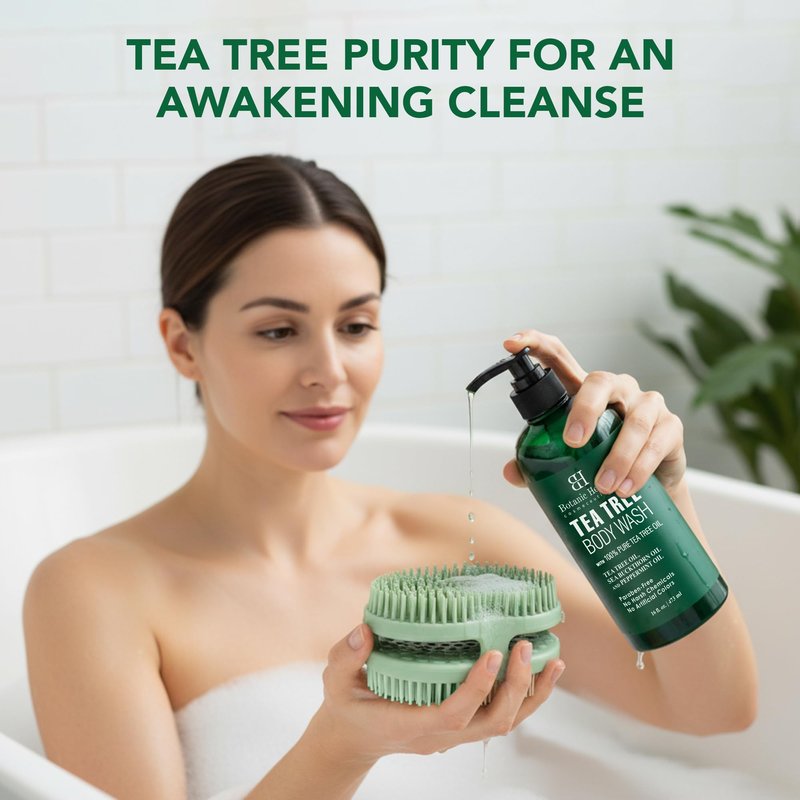 Botanic Hearth Tea Tree Body Wash with Silicone Dual-Sided Design Body Brush & Scrubber | Infused with 100% Pure Tea Tree Oil, Coconut, Jojoba |Foot & Body Cleanser | Paraben Free |16 fl oz