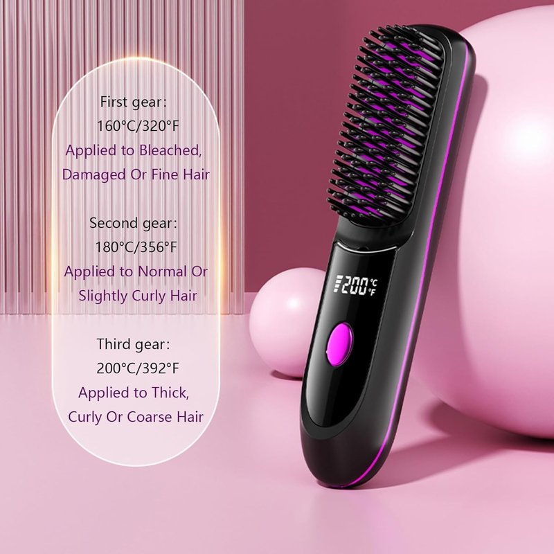 Go Brush Pro Hair Straightener, Cordless Ionic Comb with 6000mAh Battery, Fast Heating, Portable Travel Design, Rechargeable Straightening and Curling Brush, Black