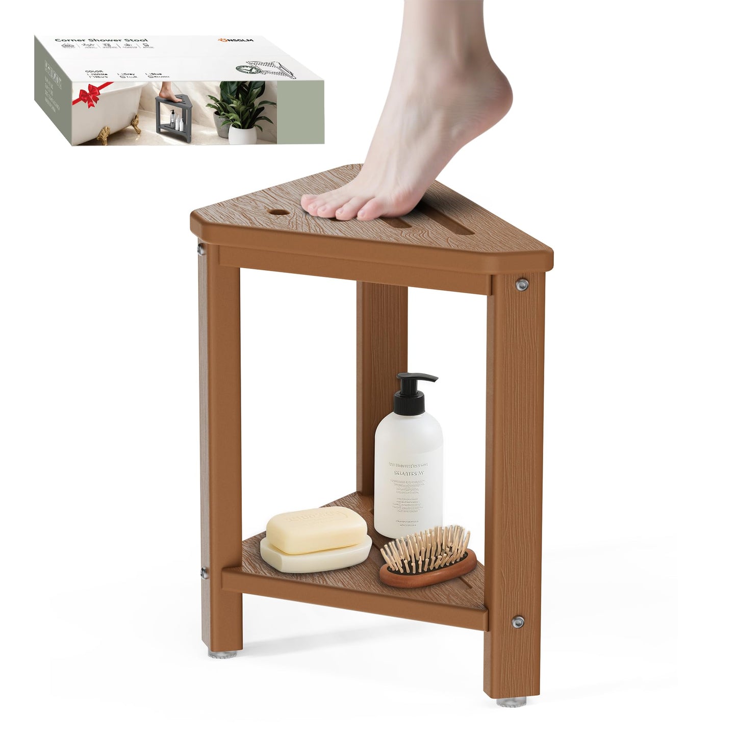Teak Shower Foot Rest 15in, HDPE Waterproof Shower Stool for Inside Shower, Corner Shower Stool for Shaving Legs with Storage Shelf for Small Space, Shower Step Stool, Plastic Corner Shower Bench