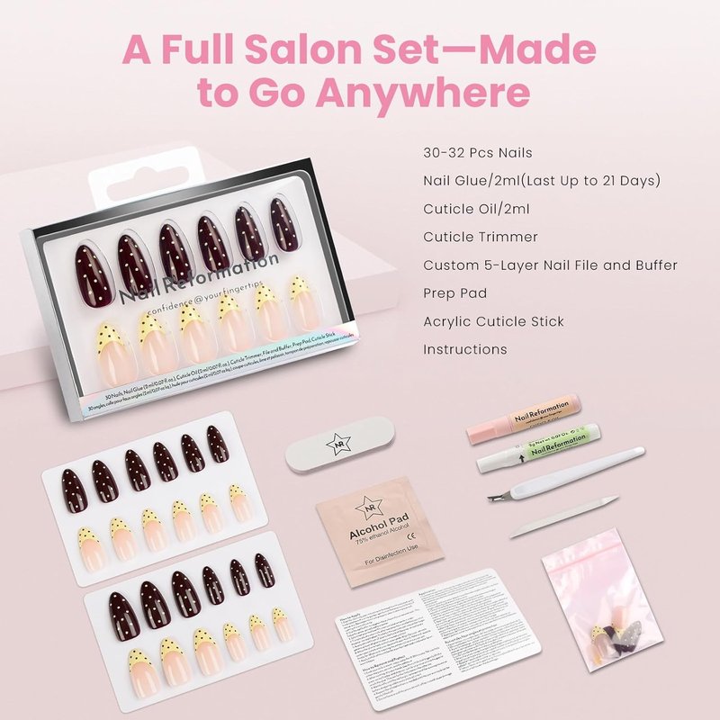 Nail Reformation Press On Nails - Polka Dot French Tip Almond Nails in Chocolate Cream Nude | 30-Piece Reusable Kit