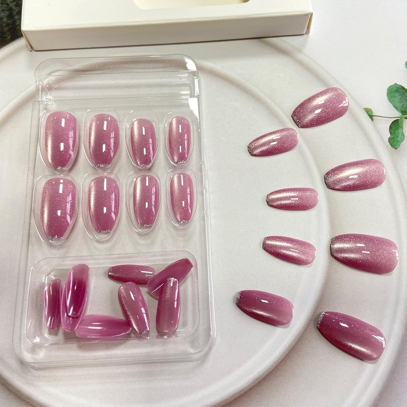 Pink Cat Eye Press-On Nails - Medium Coffin Glossy Glitter Full Cover | 24 Pcs Reusable Acrylic for Women