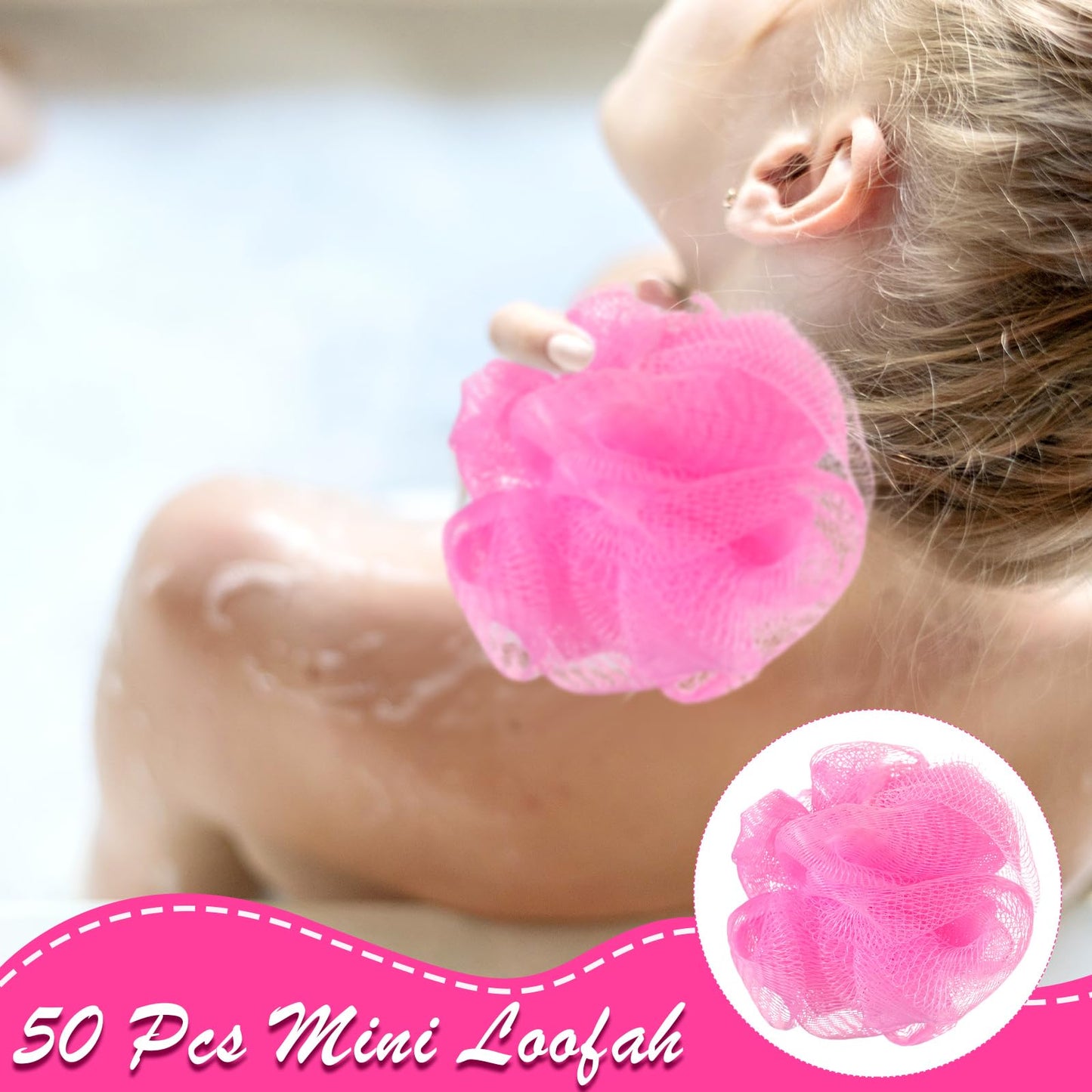 Suttmin 50 Pcs Loofah Sponge Bulk Mini Shower Sponge 3 Inch Loofahs Shower Pouf Mesh Showers Ball for Women Kids Men Exfoliating Bath Scrubber Travel Size Showers Gift(Pink)