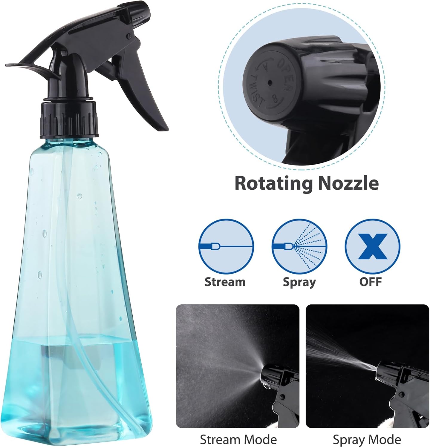 Skiennix Spray Bottles - 12 Oz. Leak-Proof Plastic Mist/Stream Bottles for Hair, Plants & Cleaning | 2-Pack
