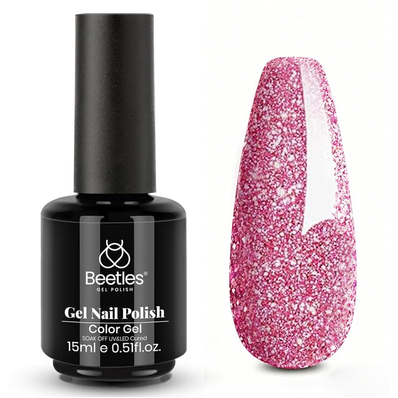 Beetles Glitter Pink Gel Polish, 1Pcs 15ml Glitter Diamond Gel, Fairy Kisses Hot Pink Nails Soak Off Sparkle Pink Polish Uv Nail Lamp Nails Art Manicure Salon DIY Spring Gift for Women