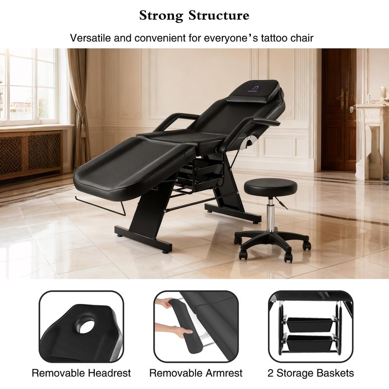 LUXMARS Facial Chair, 73 Tattoo Chair for Client, 3-Section Adjustable Massage Table with Stool, Multipurpose Beauty Beds Salon Equipment for Esthetician, Tattoo Shop, Spa (Black)