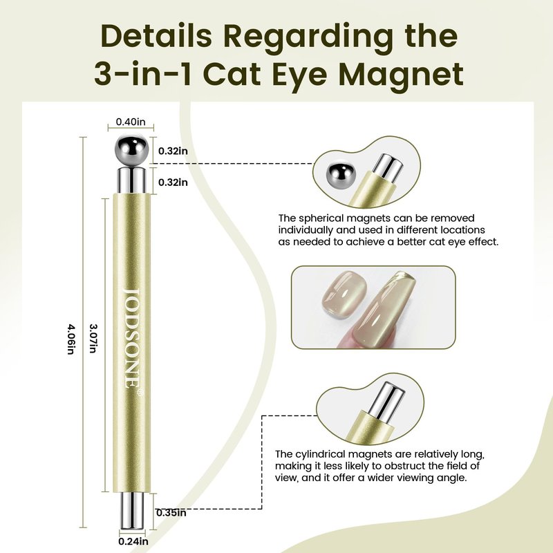JODSONE 3-in-1 Cat Eye Magnet Nail Art Tool,Cylindrical & Ball Magnet Nail Art Pens, Multi-Effect Magnets for Cat Eye Gel Polish DIY at Home Salon(Magnet Only, No Gel Included)