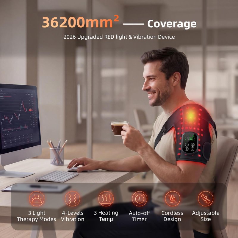 Cordless Red Light Therapy for Shoulder with Heat & Massage Vibration, Separate 5000mAh Portable Near-Infrared Light Therapy Wrap for Shoulder Discomfort, 3 Heat 4 Vibration Modes, 660nm & 850nm LEDs