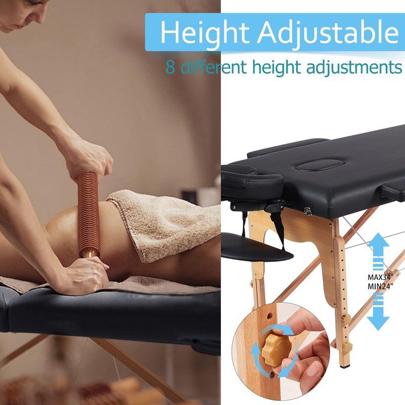 ARTBUSKE Portable Massage Table,84 Inch Massage Tables Portable with Side Pocket and Towel Rack Adjustable Height Lash Bed Massage Bed Tattoo Table Esthetician Bed for Eyelash Tattoo Spa,Black