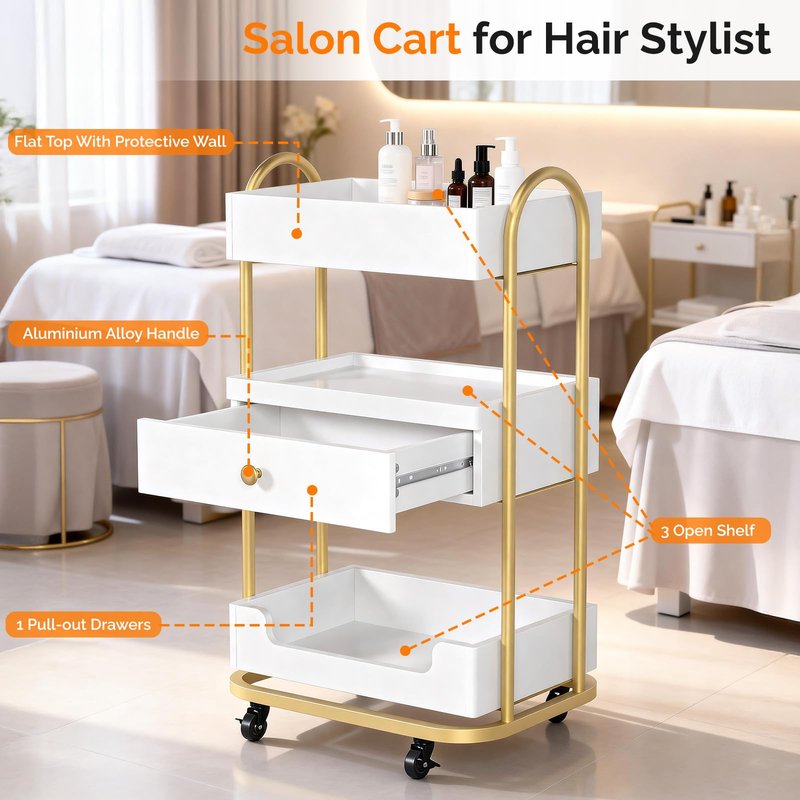 OmySalon Salon Trolley Cart, Hair Styling Station with 3 Trays & 1 Drawer, 2 Lockable Wheels, Esthetician Cart Mobile Storage Cabinet for Beauty Spa Barbershop, White