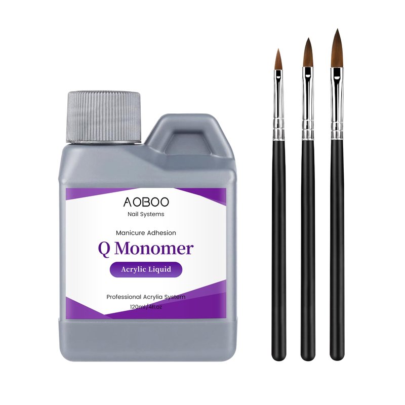 AOBOO Acrylic Liquid Monomer Kit 120ml/4fl.oz Monomer Acrylic Nail for Nail Arts with 3pcs Acrylic Nail Brush Nail System Nail Extension Nail Liquid Monomer for Beginner Use at Home