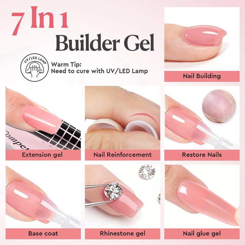 AzureBeauty Builder Gel for Nails, 18ml 7-in-1 Jelly Peach Self-Leveling Nail Strengthener for beginners, UV/LED Soak Off Builder Gel for Apex, Extension, Overlay & Rhinestone, Base & Top Coat Needed