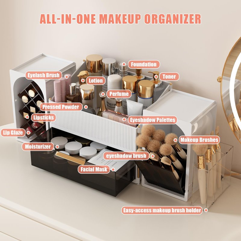 DINMPB Large Makeup Organizer for Vanity with Brush Holder and Lipstick Display Stand, Countertop Cosmetic Storage with Drawer for Skincare, Nail Polish, Perfume and Eyeshadow Palettes