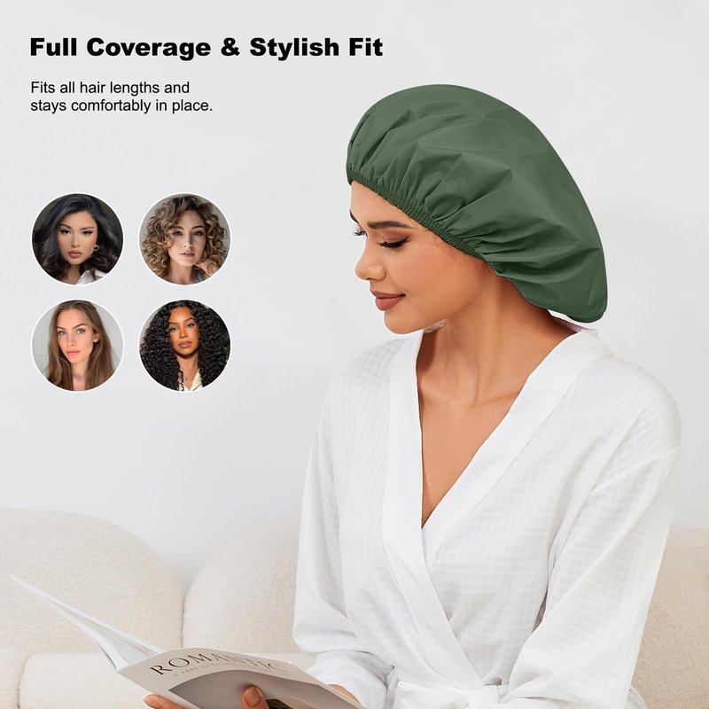 2PCS Reusable Shower Caps for Women, Waterproof Shower Bonnet with Elastic Band for Braids, Long Hair, Thick Hair