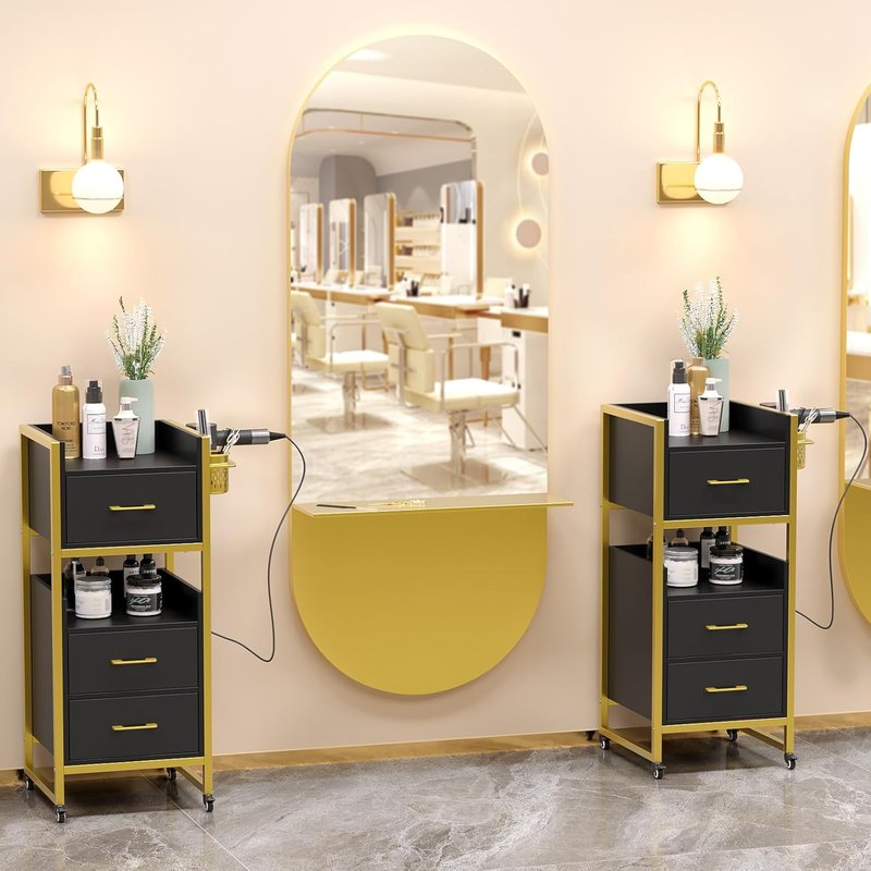 OmySalon Salon Trolley Cart - Mobile Hair Styling Station with 3 Drawers & Tool Holders | Black