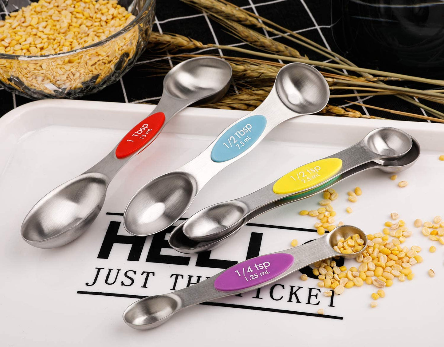 Magnetic Measuring Spoons Set of 5 Stainless Steel Dual Sided Stackable Teaspoon for Measuring Dry and Liquid Ingredients (Color)