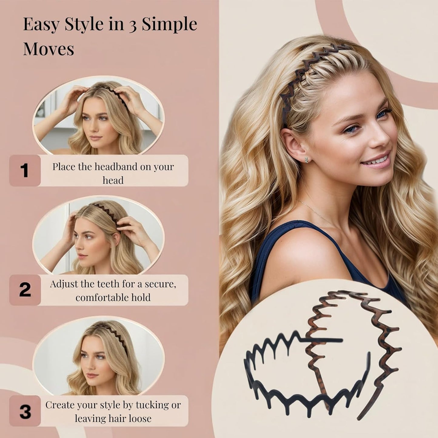 Zig Zag Headbands for Women & Men - Non-Slip Wavy Hair Accessories | 2pcs Matte Black