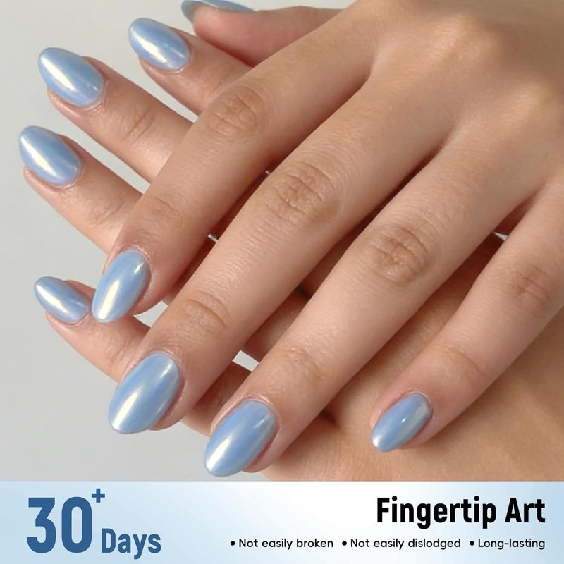 Baby Blue Chrome Press-On Nails - Short Oval Bling Glazed Design | 32PCS Salon Quality Full Cover Set