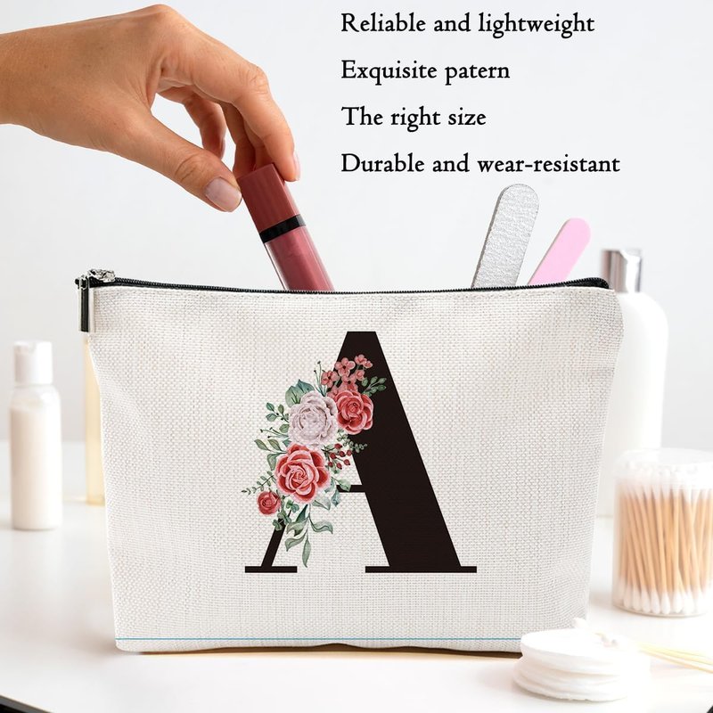 Initial A Rose Letter Makeup Bag - Monogrammed Cosmetic Bag for Women | Travel Toiletry Organizer