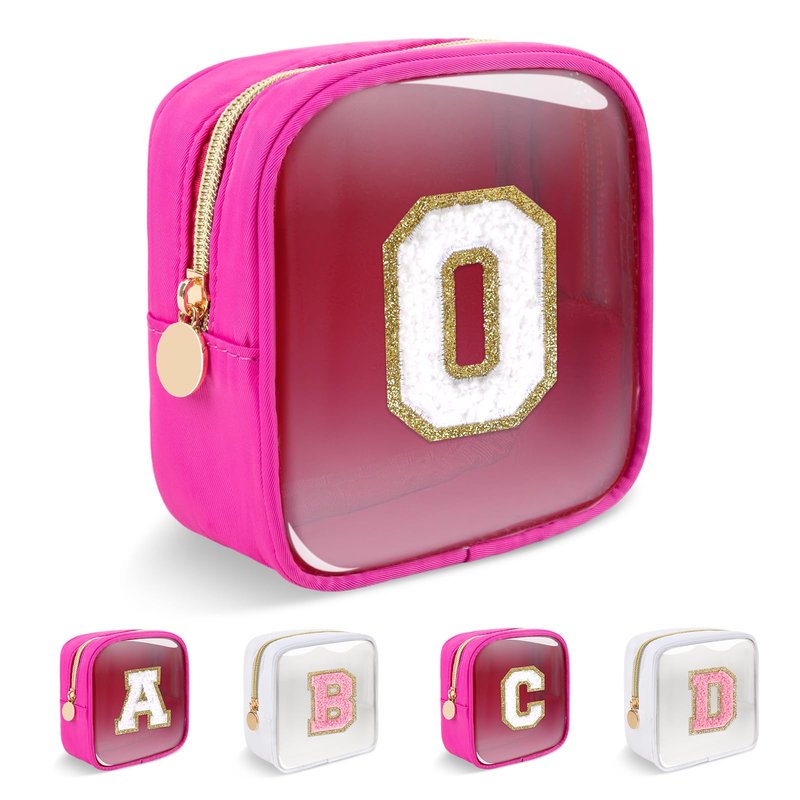 Personalized Initial Letter Clear Preppy Makeup Bag,Mini Nylon Chenille Letter Cosmetic Bag Cute Zipper Pouch Coin Purse for Teen Girls,Portable TSA Approved Travel Essentials Bag Gift for Women,O