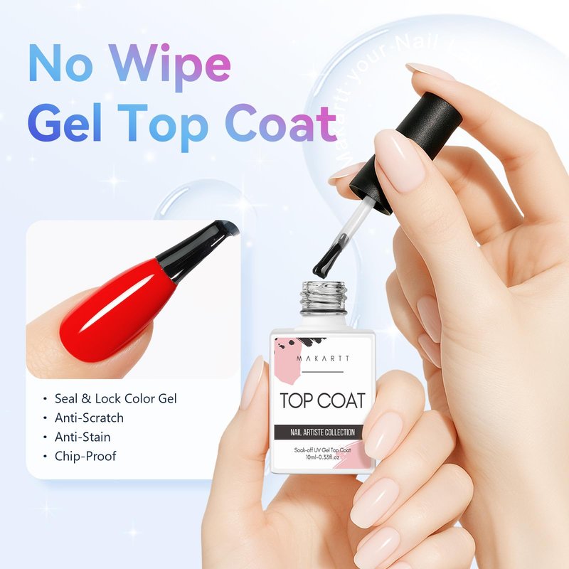 Makartt Gel Top Coat - 2 PCS No Wipe Top Coat Gel Nail Polish High Glossy Shine Finish Long Lasting, 10ML Clear Soak Off UV Nail Lamp, Salon Quality Art Design for Home Use Beauty Spring Gift