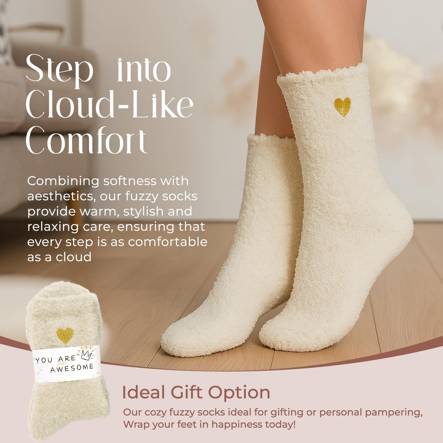 American Trends Fuzzy Socks for Women in Gift Box, Ultra-Soft Cloud Sleep Socks Gifts for Women, Ready to Gift 1Pack White Beige