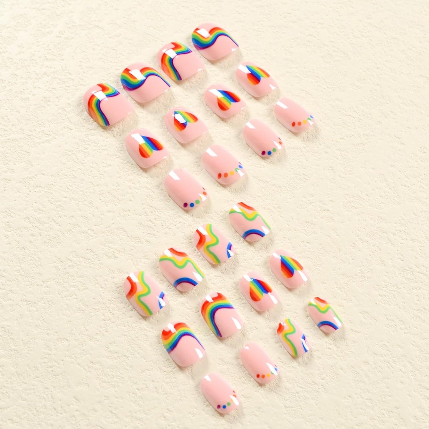 Skiennix Rainbow Stripe Press-On Nails - Colorful Heart Polka Dot Design | Short Square, 24 Pcs