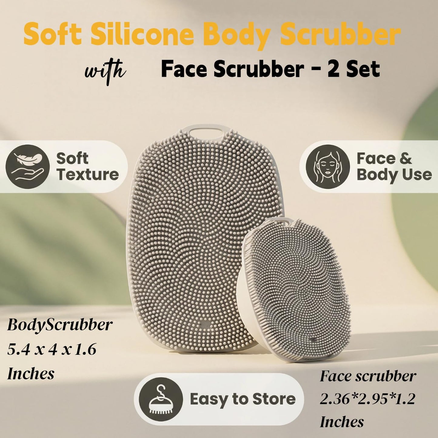 ARIOSOX, Soft Silicone Body Scrubber, Face Scrubber Silicone, Gentle Texture Exfoliating Body Scrubber for Men and Women On Sensitive Skin, Back Large Suction Cup for Easy Dry and Store (Gray)