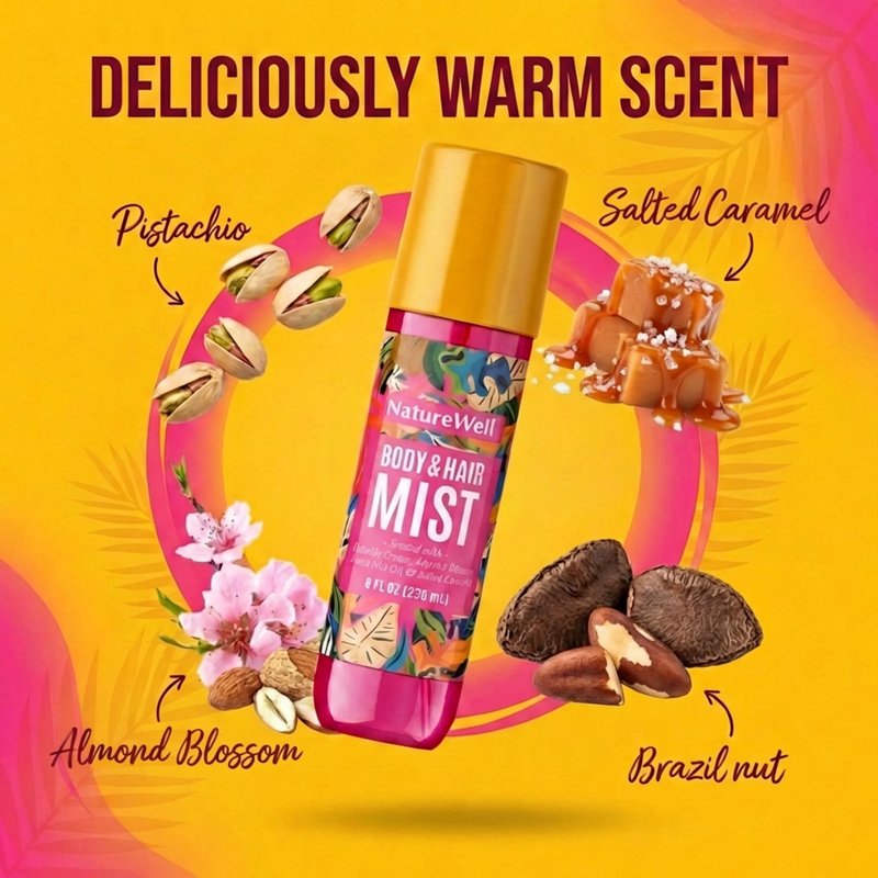 NATURE WELL Cheeky Hair & Body Mist, Lightweight Mist Made for Head-To-Toe, Deliciously Sweet & Warm Long-Lasting Brazilian Nut Scent, 8 Fl Oz (Pack of 2)