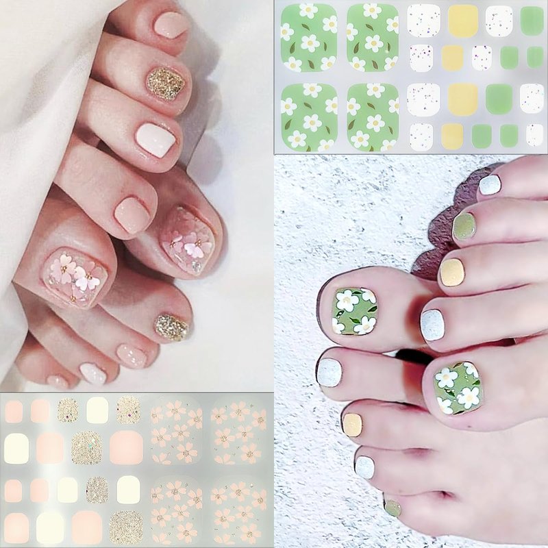 4 Sheets Spring Floral Gel Toe Nail Stickers Full Nail Wraps Summer Cherry Toenail Polish Strips for Women Self-Adhesive Toe Stickers Polish Gel Toenails Stickers with 1pcs Nail File