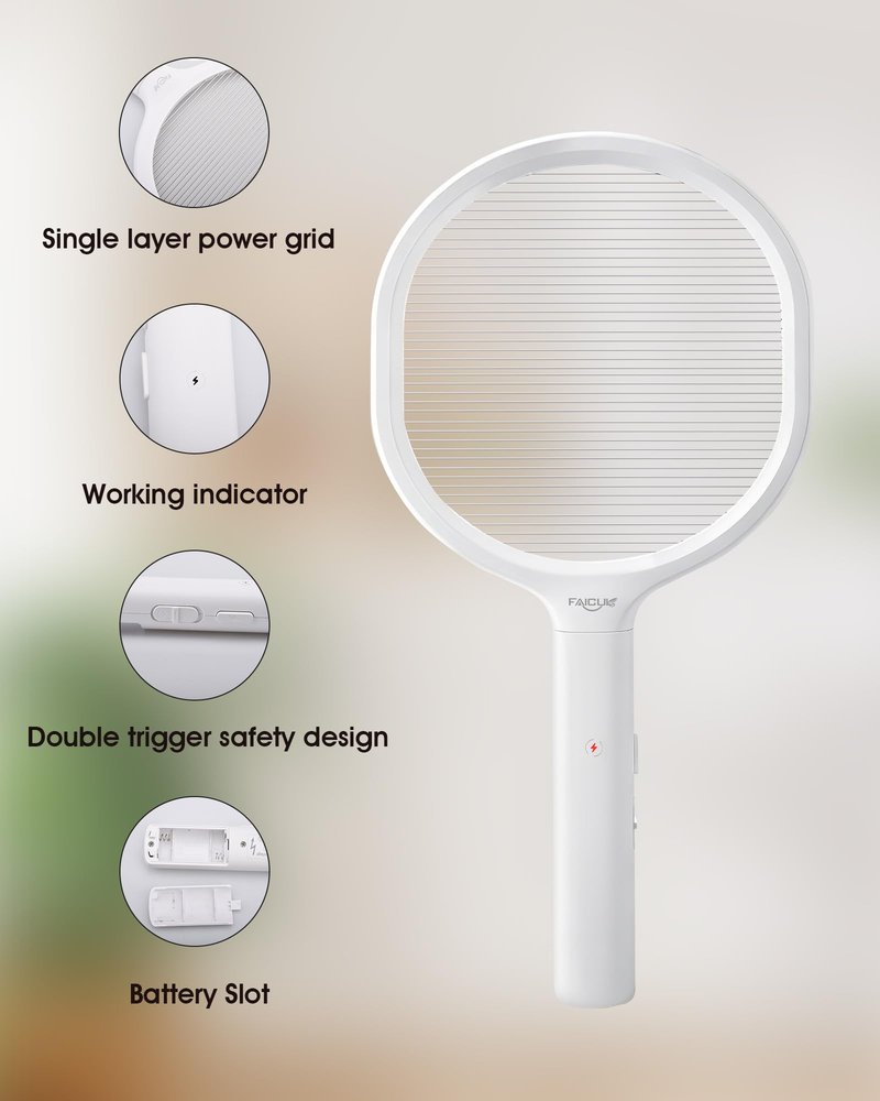Faicuk Single Layer Grid Electric Fly Swatter High Efficiency Bug Zapper Racket for Wasps, Large Bees, Hornets, Yellow Jackets, Moths, Big Flying Insects, for Indoor Outdoor Use (White + Black)