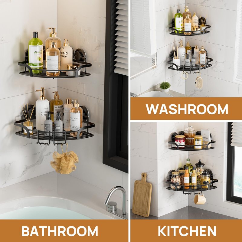 LEVERLOC 2 Pack Corner-adaptive Suction Cup Shower Caddies, Drill-Free Wall Mounted Basket, Stainless Steel Rustproof Corner Shower Shelf, Large Capacity Removable Suction Bathroom Organizer, Black