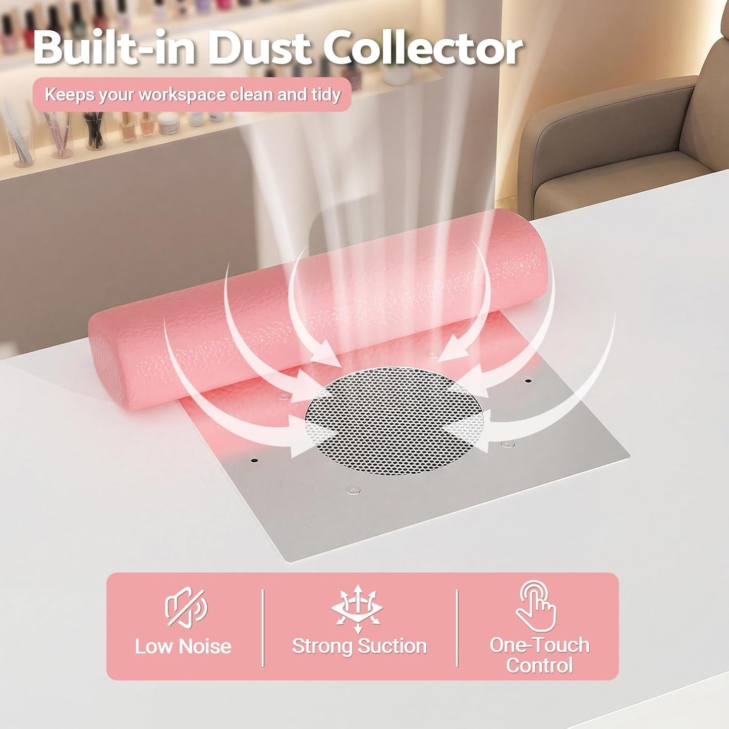 Skiennix Nail Desk - Professional Manicure Table with Dust Collector & LED Lights | White & Pink Accent
