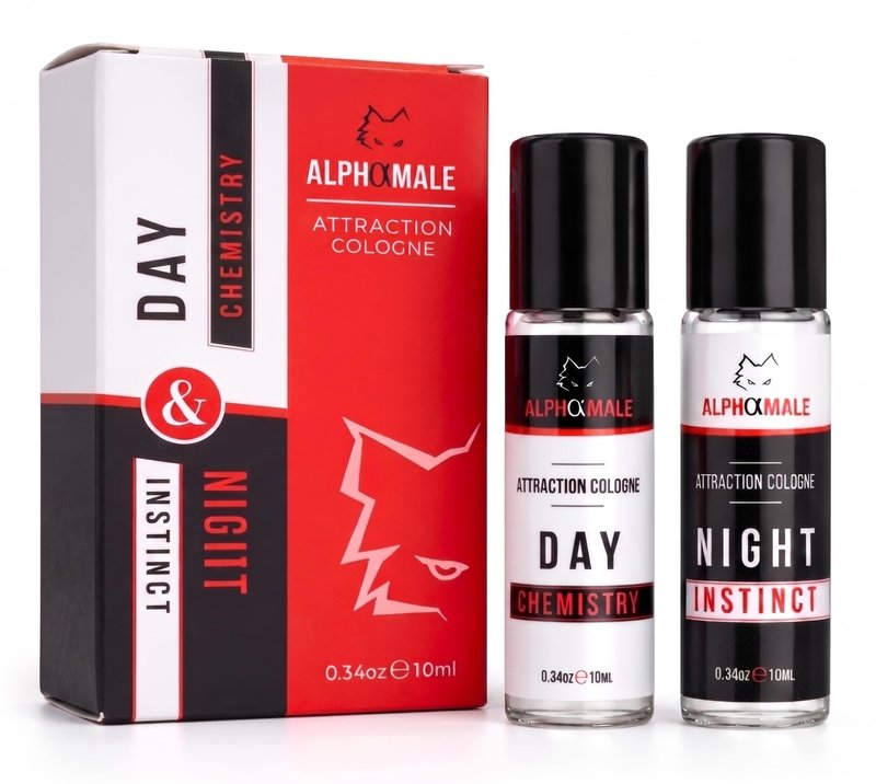 AlphaMale Day and Night Pheromone Infused Cologne for Men 2 Pack – Fresh Day & Musk Leather Night Fragrance – Pheromone Fragrance Roll-On – Long Lasting Scent – Travel Size 0.34 Oz Each