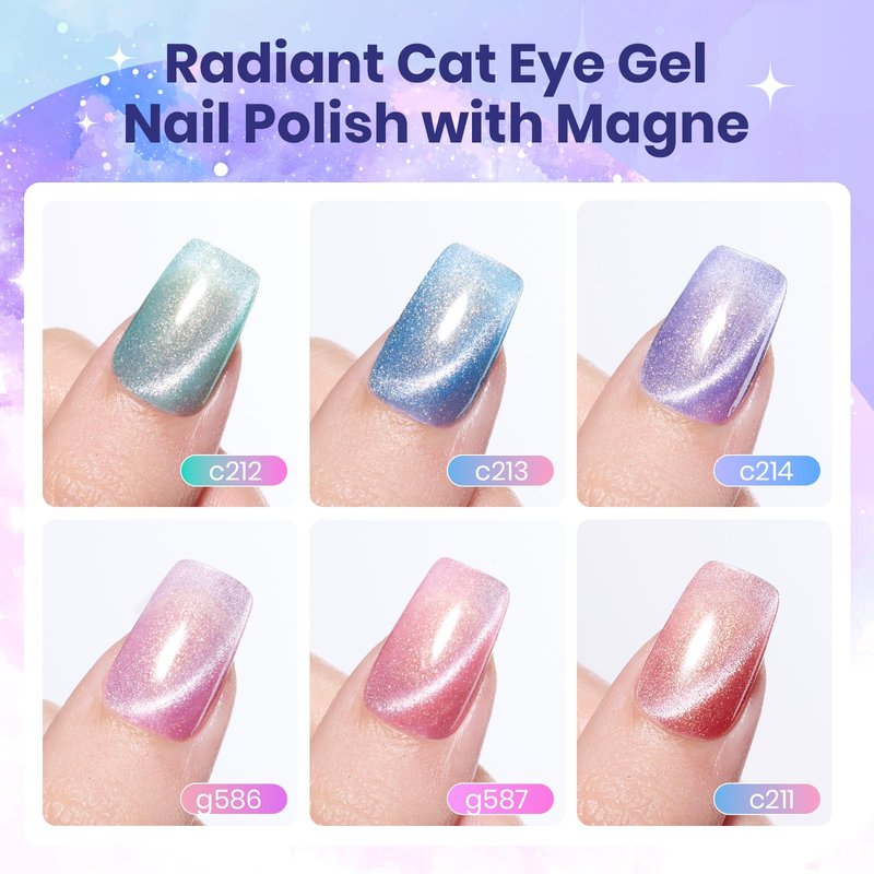 Beetles Romantic Galaxy Cat Eye Gel Nail Polish Set - 6 Colors Glitter Gel Polish Kit Pink Blue Purple Red Green Velvet Gel Magnet Soak Off UV French Nail Art Manicure Spring Summer Gift for Women
