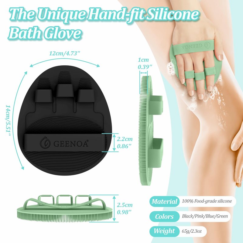 GEENOA Silicone Back Scrubber & Soft Bath Glove 2PCS, 16''- 24'' Extendable Shower Scrubber with Dual-Side Head, 360° Anti-Slip & Hand-fit Silicone Body Scrubber for Rich Foaming Deep Cleaning(Green)