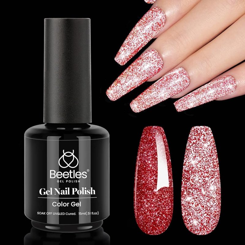 Beetles Red Gel Nail Polish - 15ml Sparkly Glitter Diamond Red Gel Polish for Girls & Women - Soak Off, UV Nail Lamp Included Gift for Women