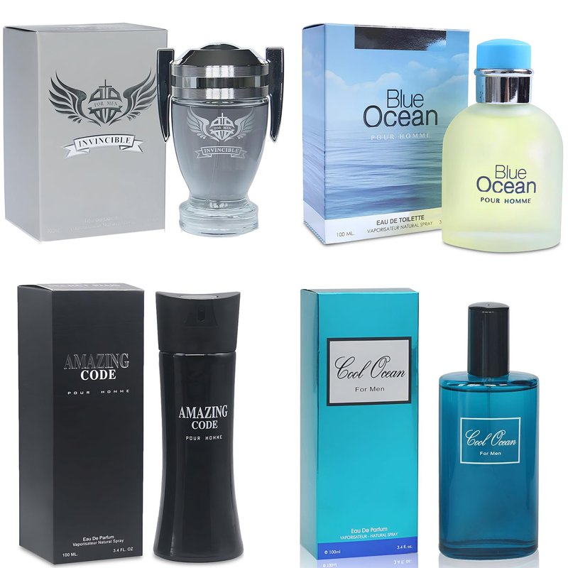 A CENTER Men's Cologne Gift Set 4PCS Combo Perfumes- 3.4 Fl Oz Each | Amber Floral & Vanilla Leather Fragrance | Eau de Toilette Duo for Daily & Special Occasions